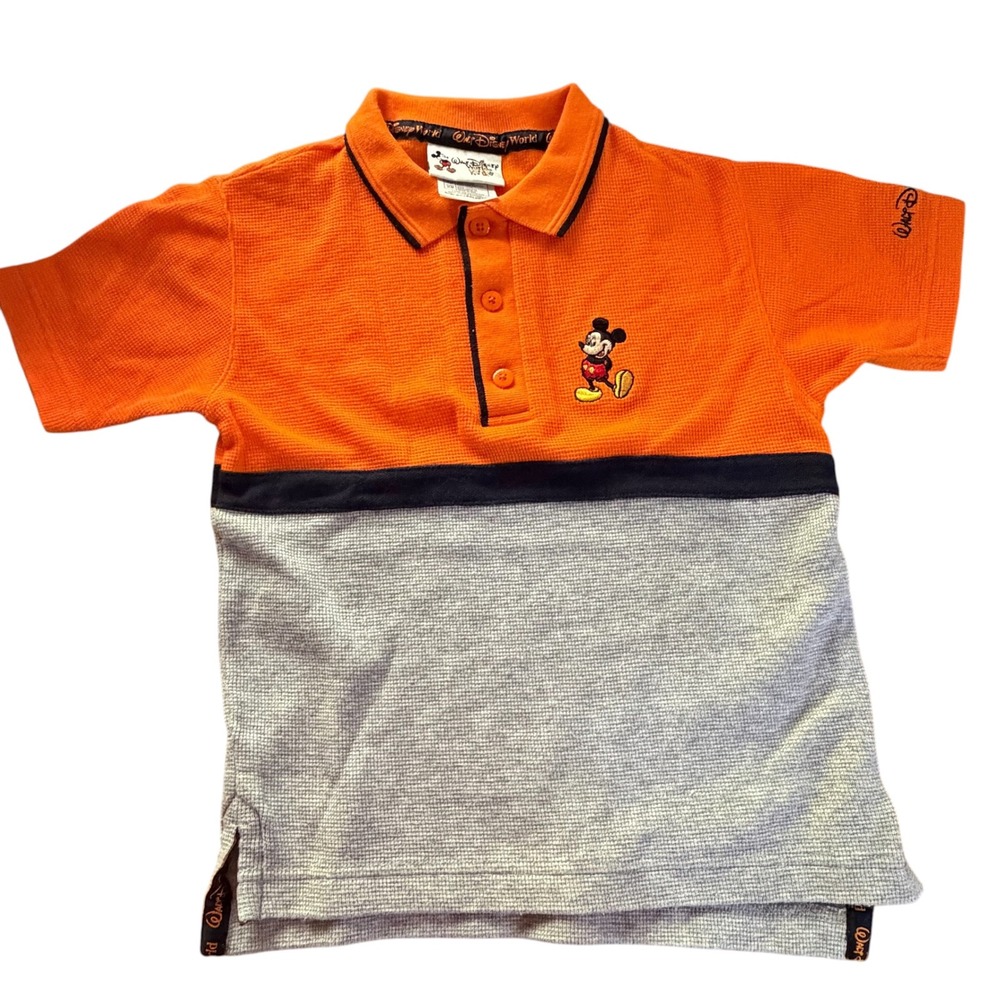 Y2K Disney World Mickey Mouse Boys XS Embroidered Colorblock Waffle Knit Polo